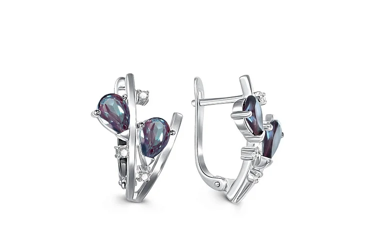 Серьги из белого золота с 4 александритами и 6 фианитами